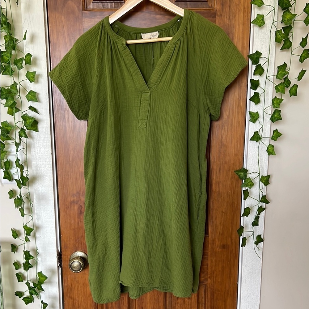 100% COTTON Gauzy Mini Dress with POCKETS in Olive Green | S